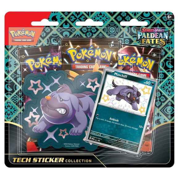 Paldean Fates Shiny Maschiff Pokemon S&V Tech Sticker Collection 3-Pack